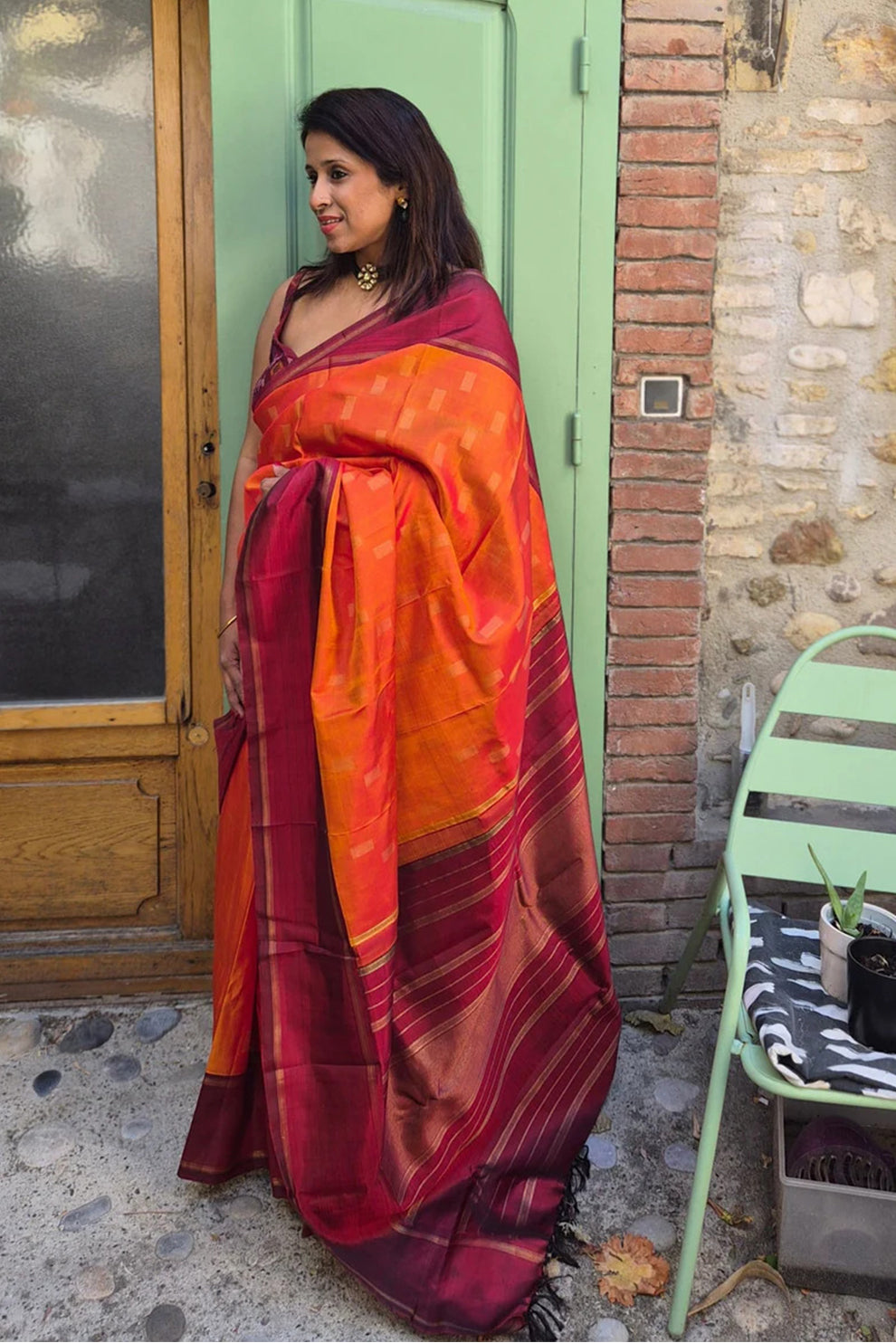 Tapasa - Mustard-Orange Kanjivaram Silk Saree. Maroon and Gold Zari Border and Pallu