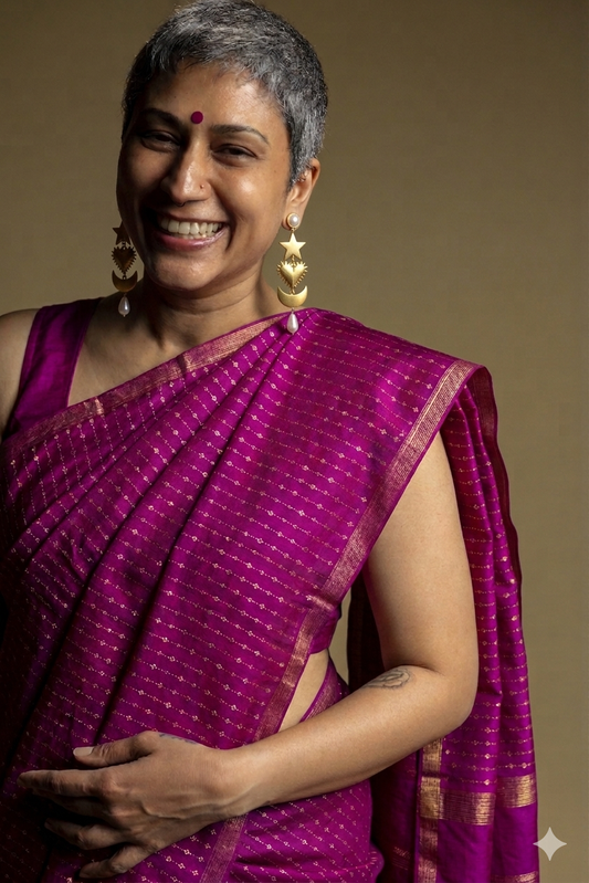 Kanil - Purple Kanjivaram Silk Saree with Gold Zari pin stripes and Gold Zari Pallu