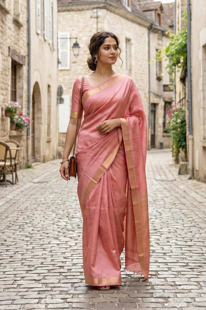 Gul - Salmon Pink Pure Mysore Silk Saree with Gold Zari Border