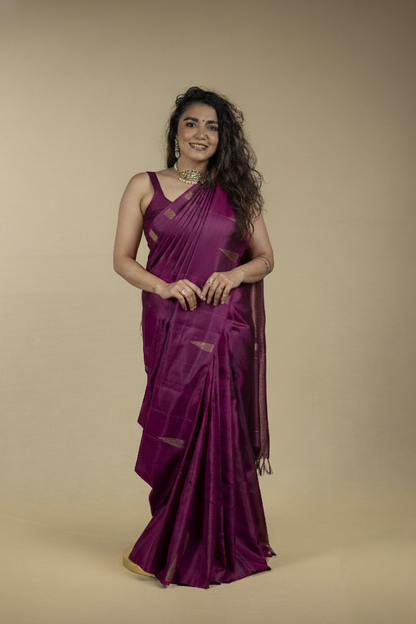 Yamika - Puple Kanjivaram Silk Saree with Gold Zari Temple Border and Gold Zari Pallu