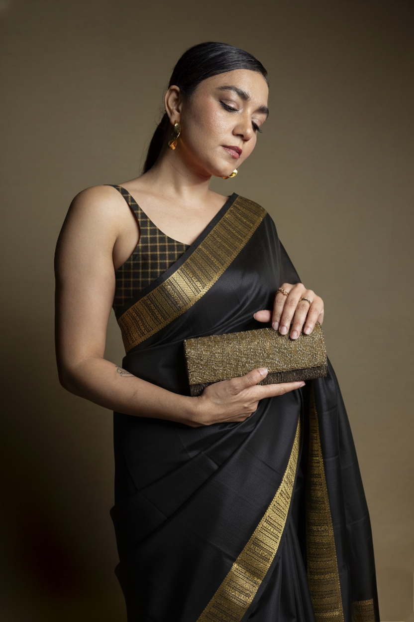 Karisi - Black pure Mysore Silk Saree with Gold Zari Border and Pallu