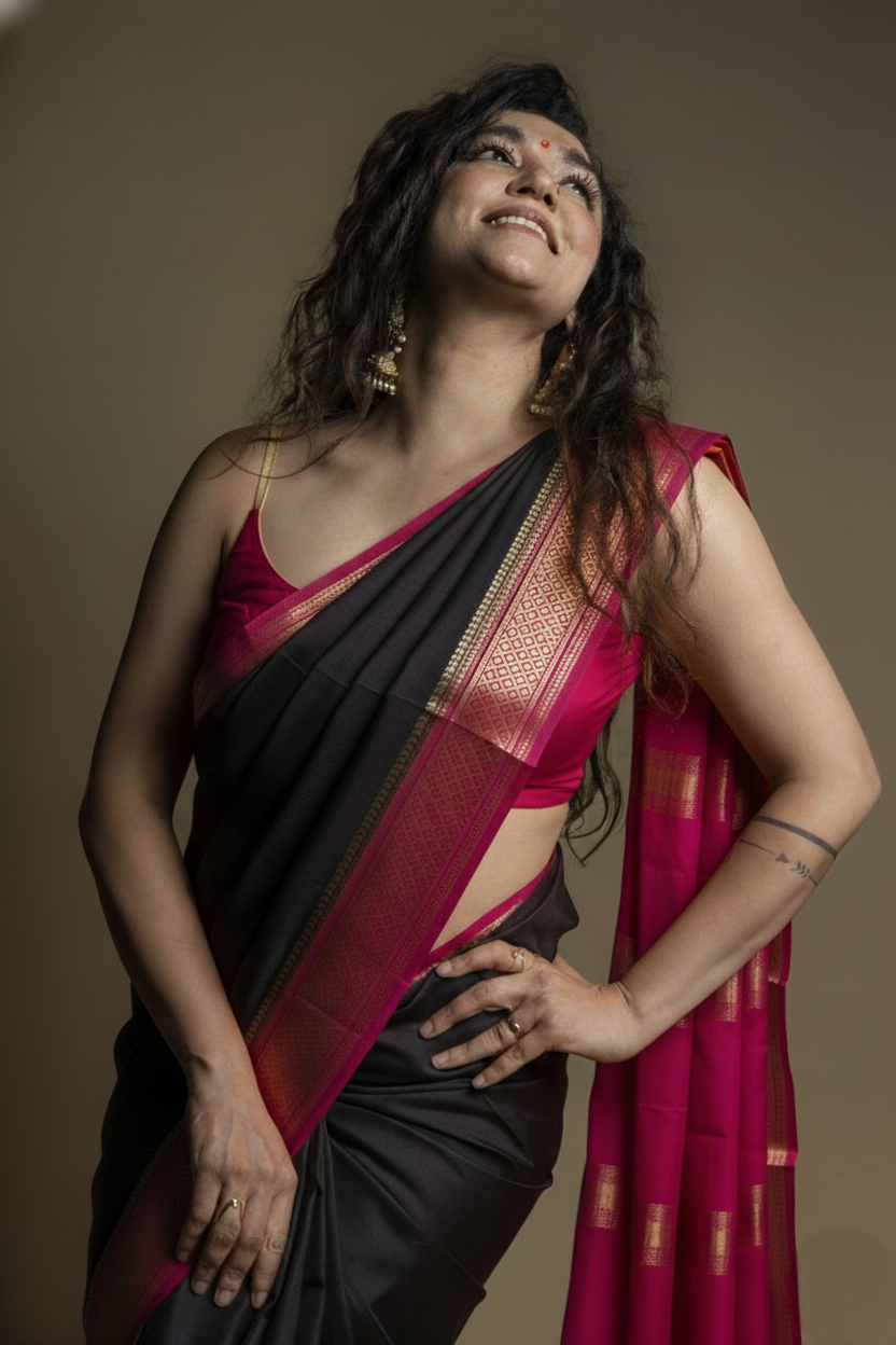 Iravi - Black Pink Pure Mysore Silk Saree with Gold Zari Border. Pink and Gold Zari Pallu