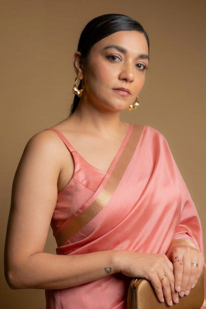 Gul - Salmon Pink Pure Mysore Silk Saree with Gold Zari Border
