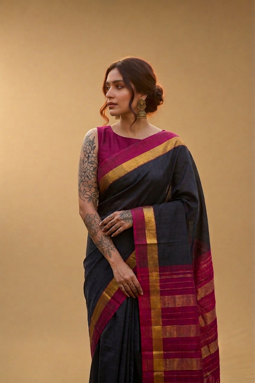 Nithya - Black and Maroon Kanjivaram Silk Saree with gold zari border