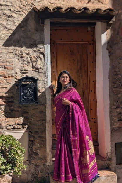Ratha – Dual-Tone Plum Violet Kanjivaram Silk Saree with Gold Zari Chariot Pallu