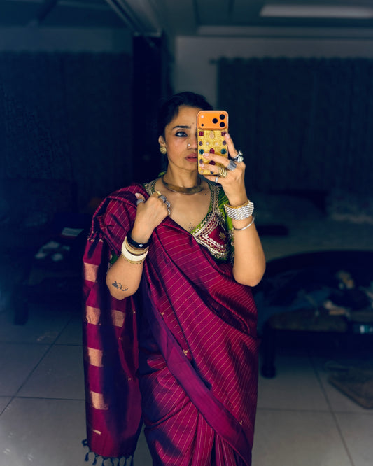 Kolam- Berry Maroon Kanjivaram Silk Saree with Kolam Border- Pre Order Only