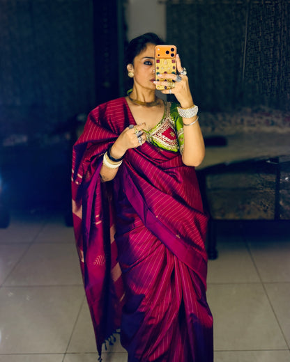 Kolam- Berry Maroon Kanjivaram Silk Saree with Kolam Border- Pre Order Only