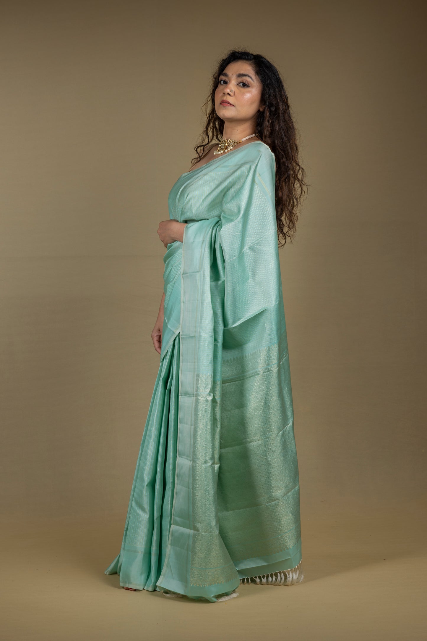 Sea Green Kanjivaram Saree with light gold zari