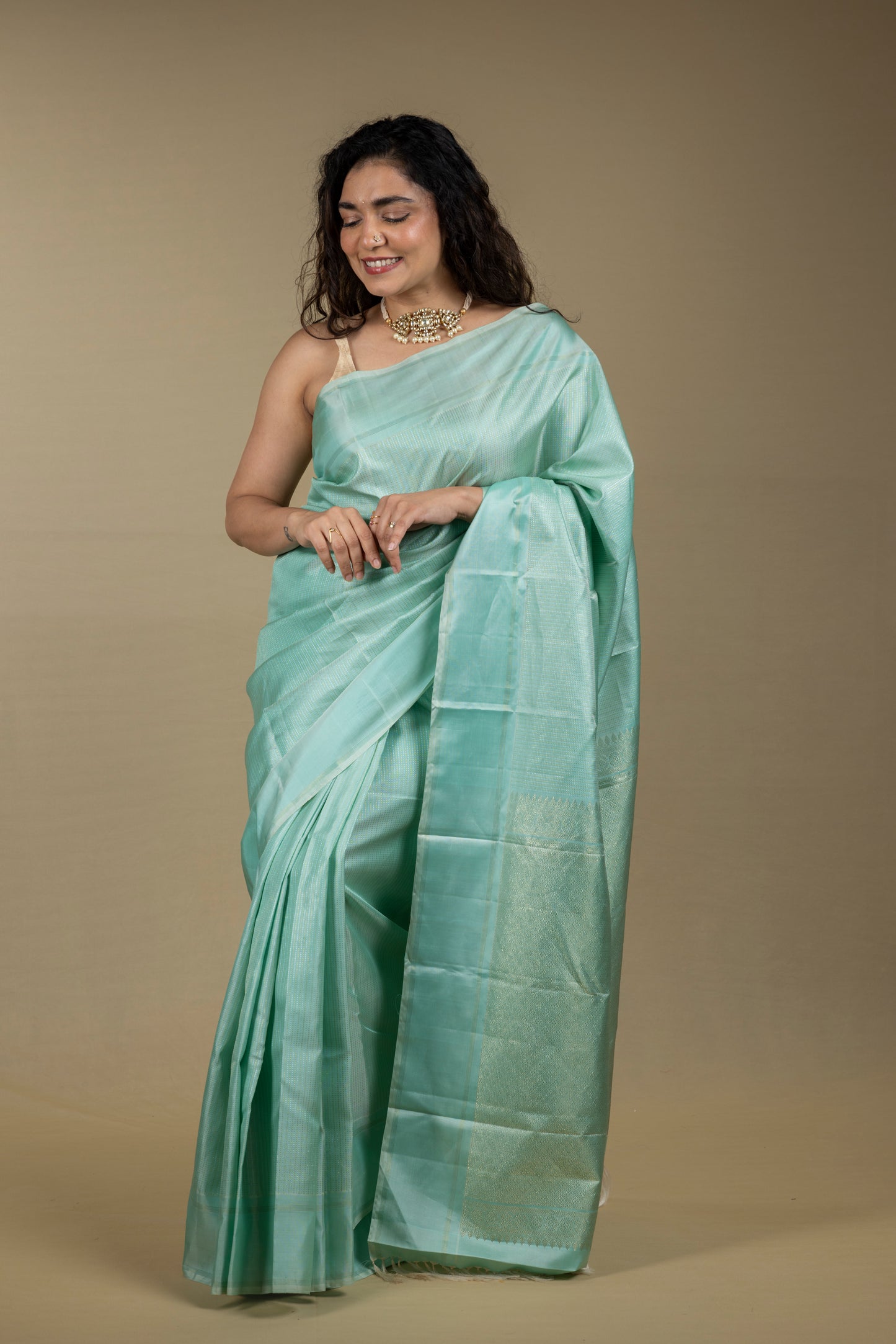 Sea Green Kanjivaram Saree with light gold zari