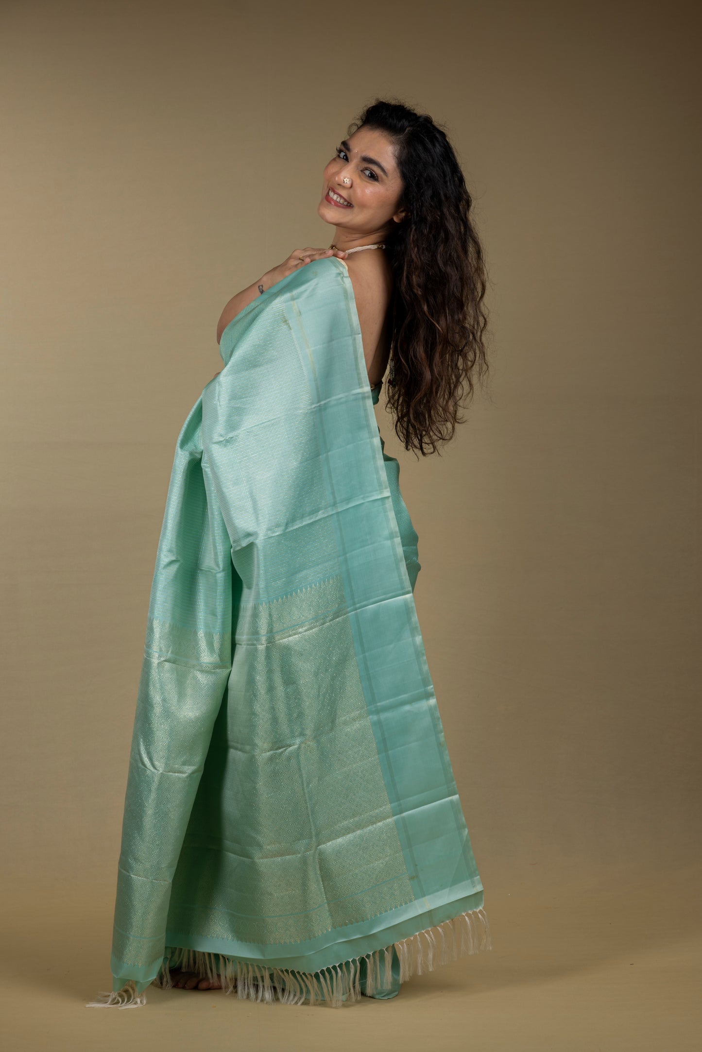 Sea Green Kanjivaram Saree with light gold zari