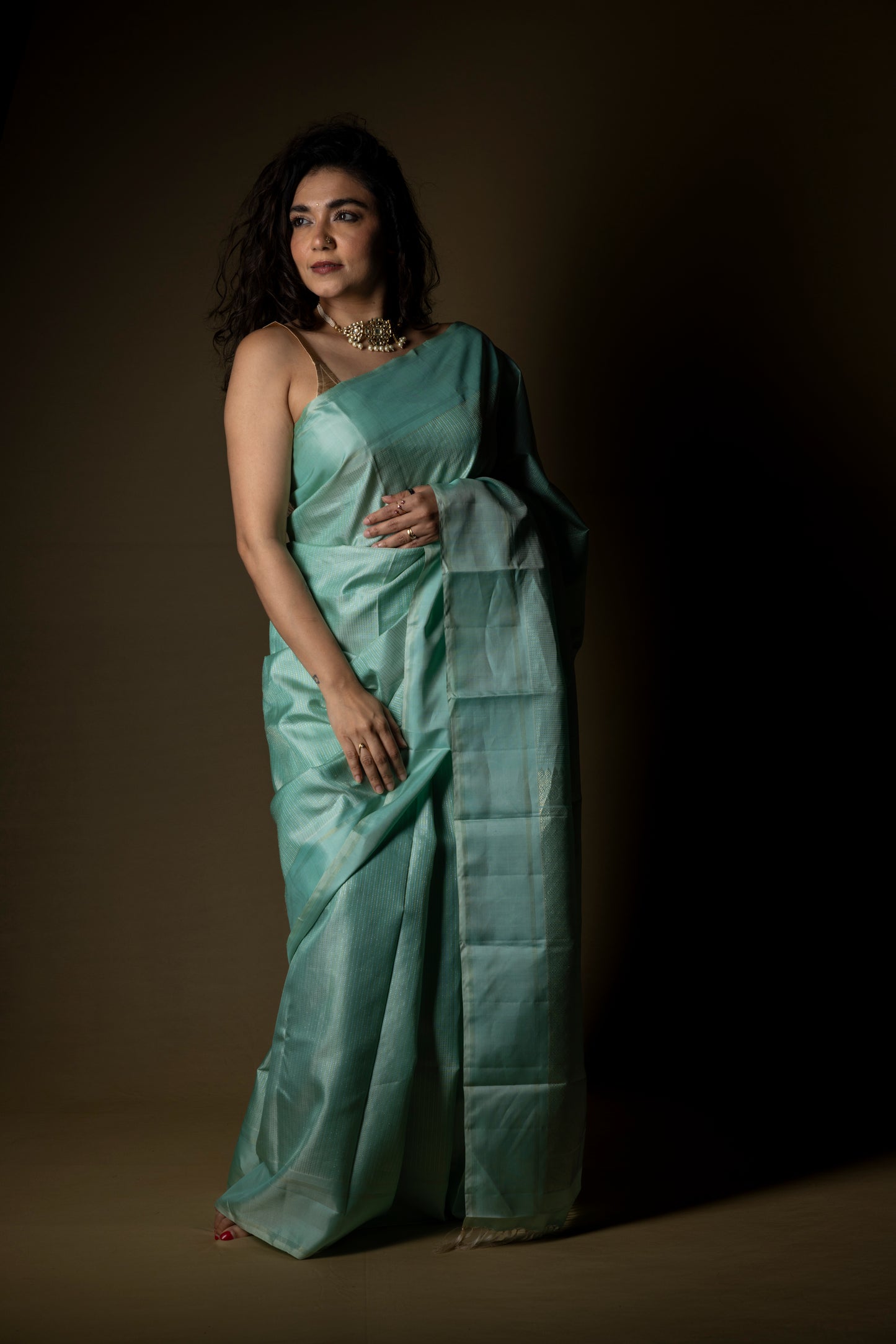 Sea Green Kanjivaram Saree with light gold zari