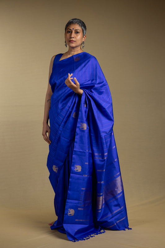 Gajani - Blue Kanjivaram Silk Saree with Gold Silver pin stripes and Gold Zari Elephant Border