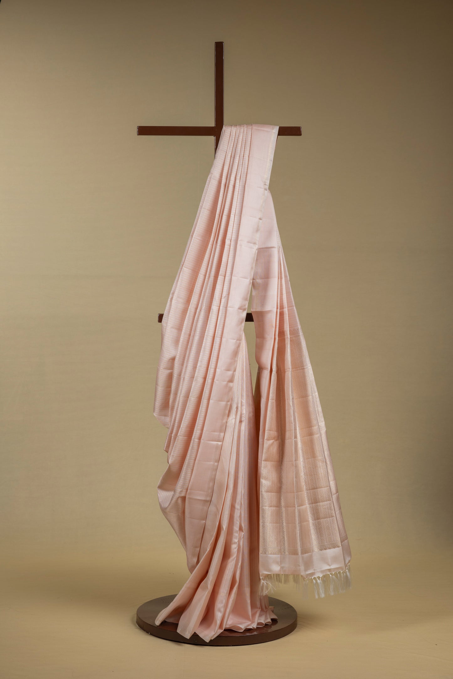 Baby pink Kanjivaram silk saree with light gold pin stripes