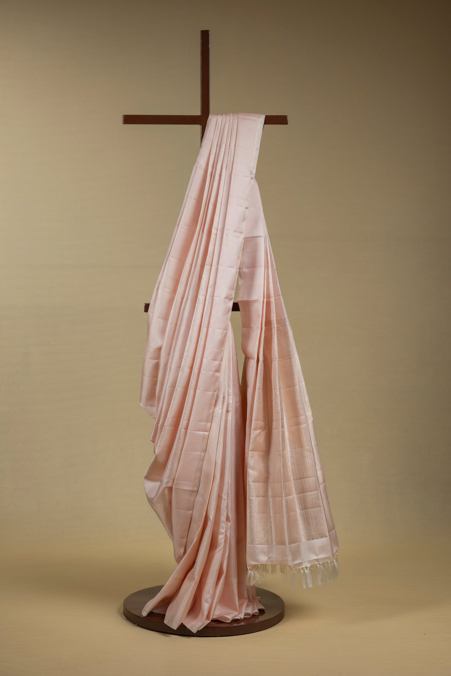 Baby pink Kanjivaram silk saree with light gold pin stripes