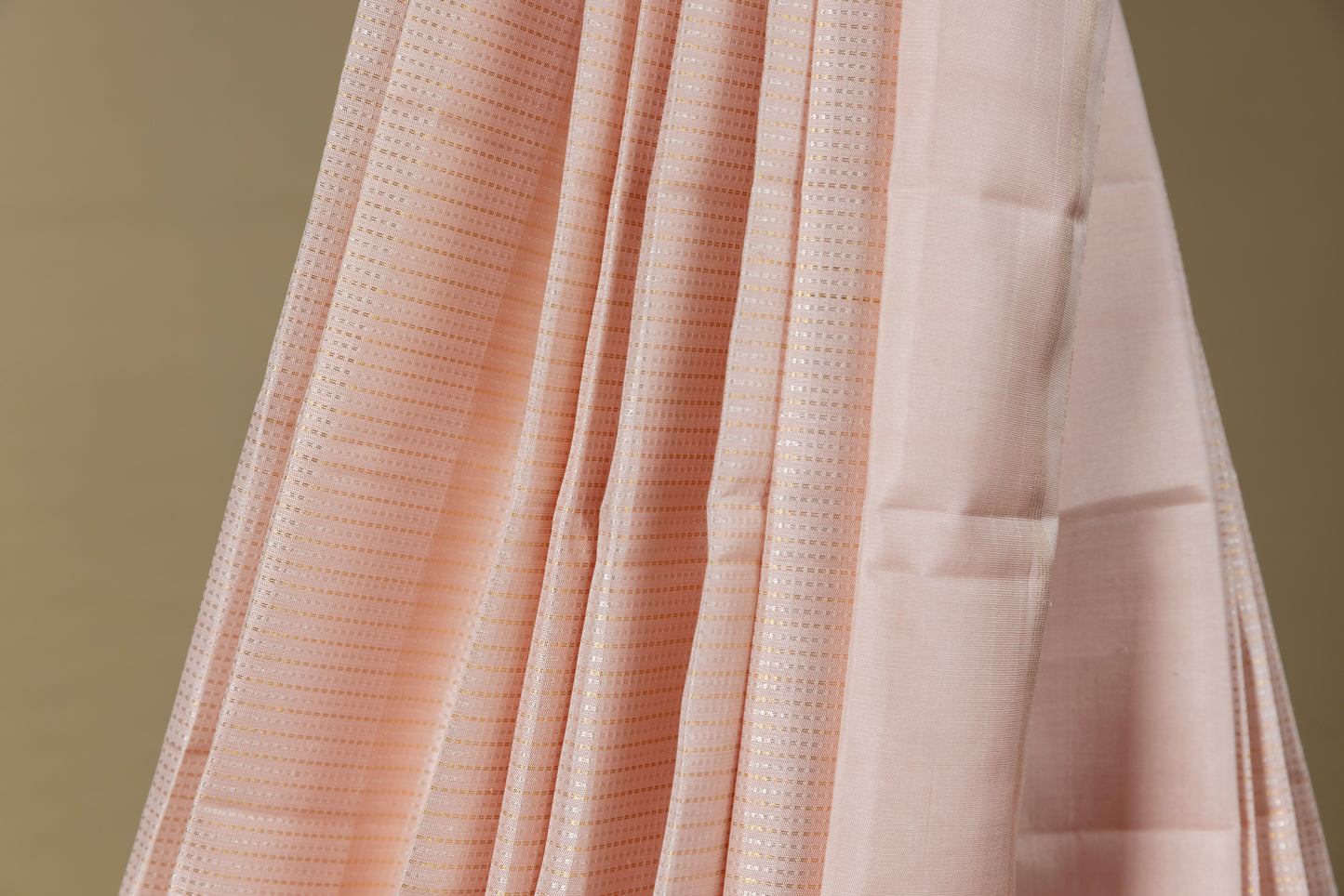 Baby pink Kanjivaram silk saree with light gold pin stripes