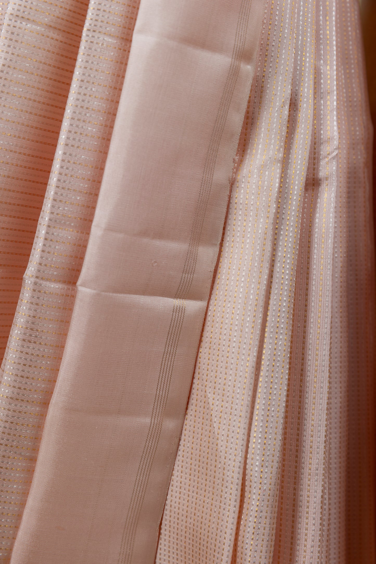 Baby pink Kanjivaram silk saree with light gold pin stripes