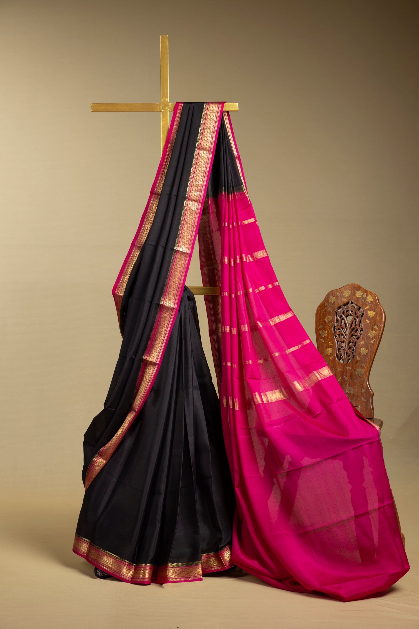 Black and pink mysore silk saree with gold border