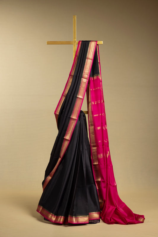 Black and pink mysore silk saree with gold border