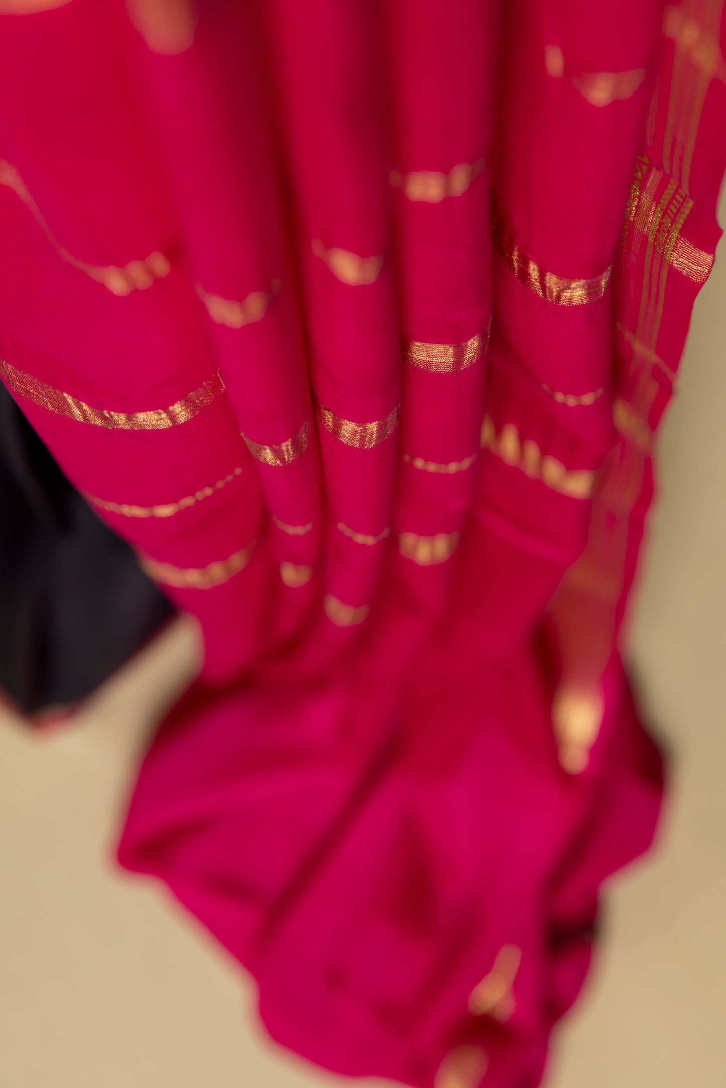 Black and pink mysore silk saree with gold border