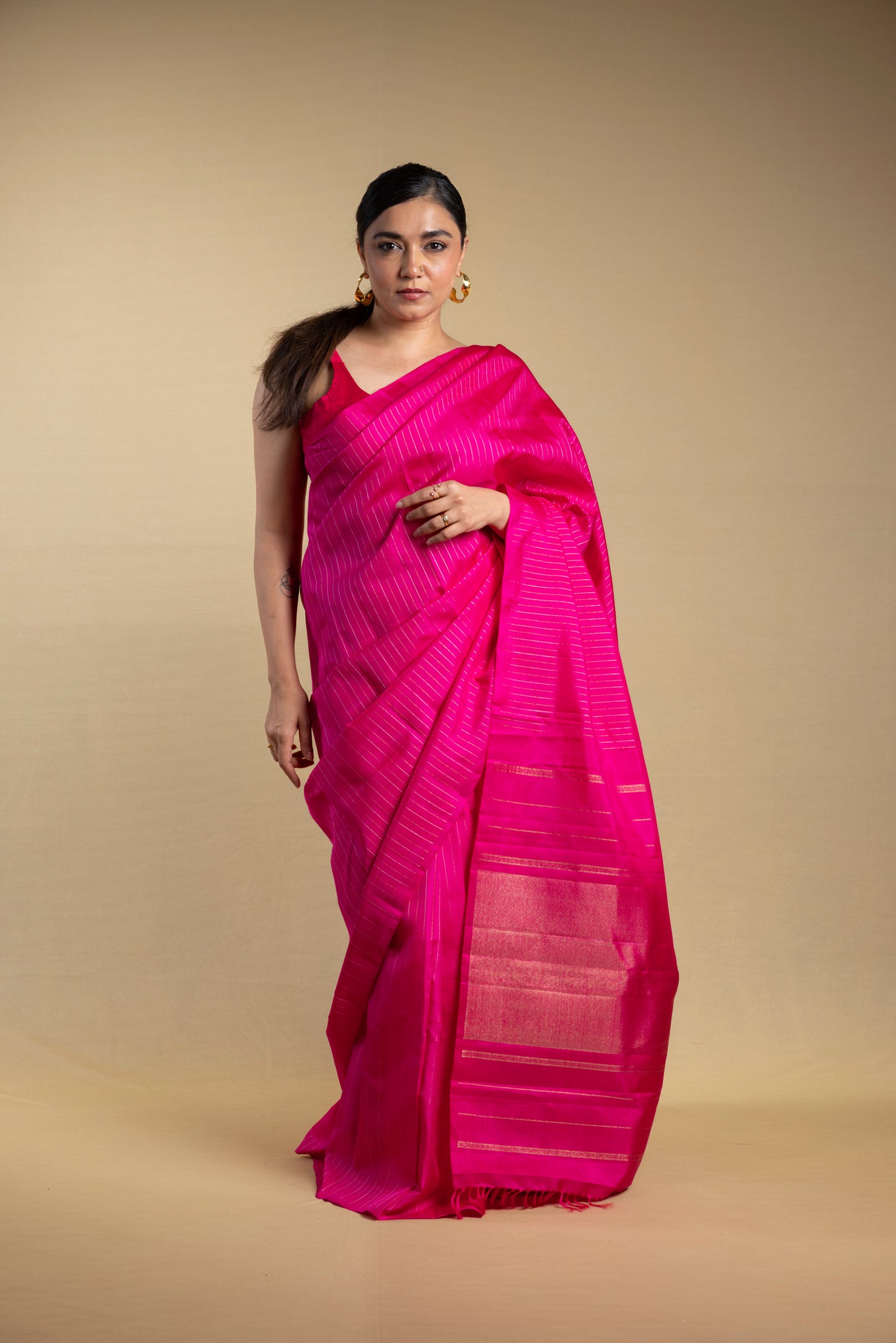 Pink thin pin stripes Kanjivaram Saree