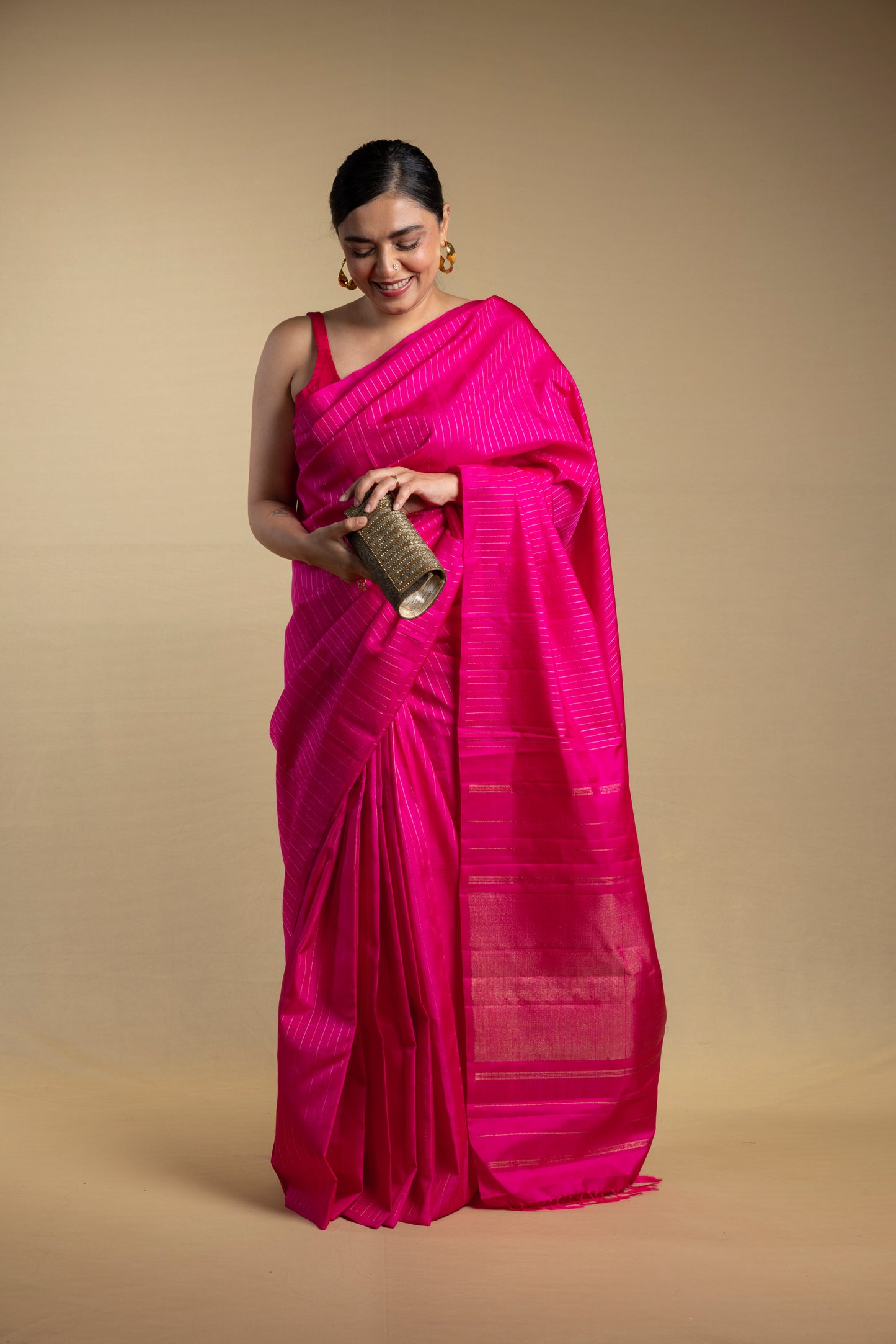 Pink thin pin stripes Kanjivaram Saree