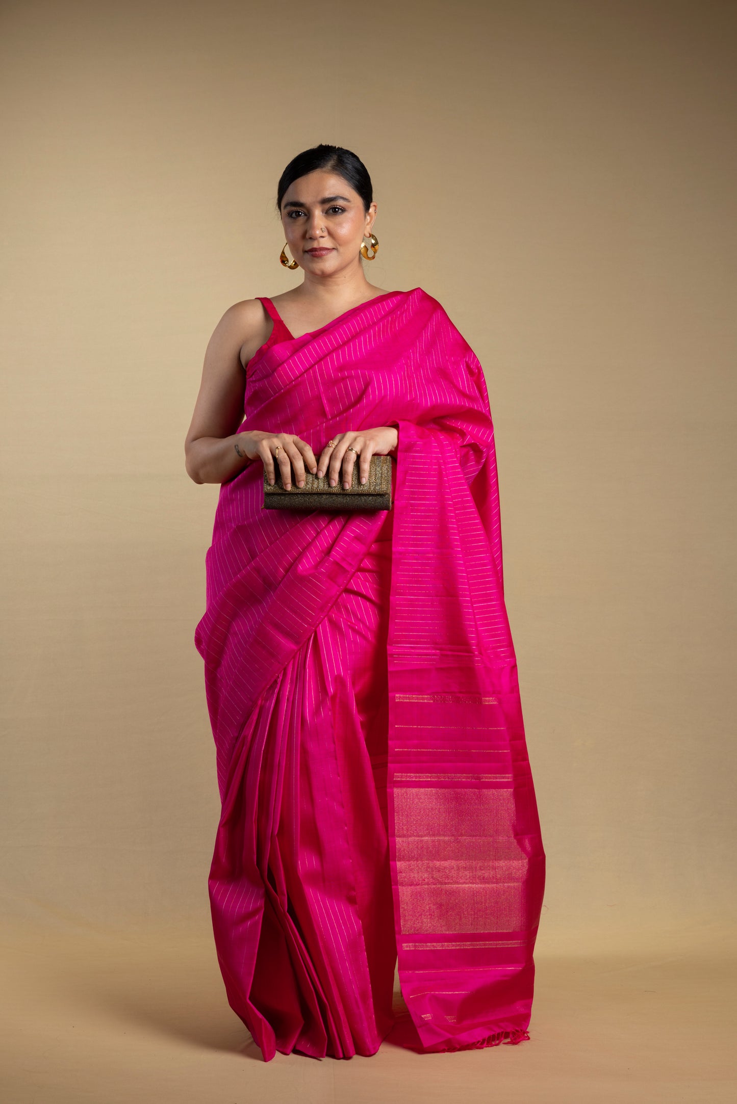 Pink thin pin stripes Kanjivaram Saree