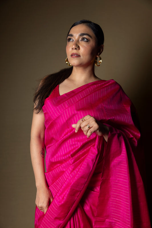 Pink thin pin stripes Kanjivaram Saree