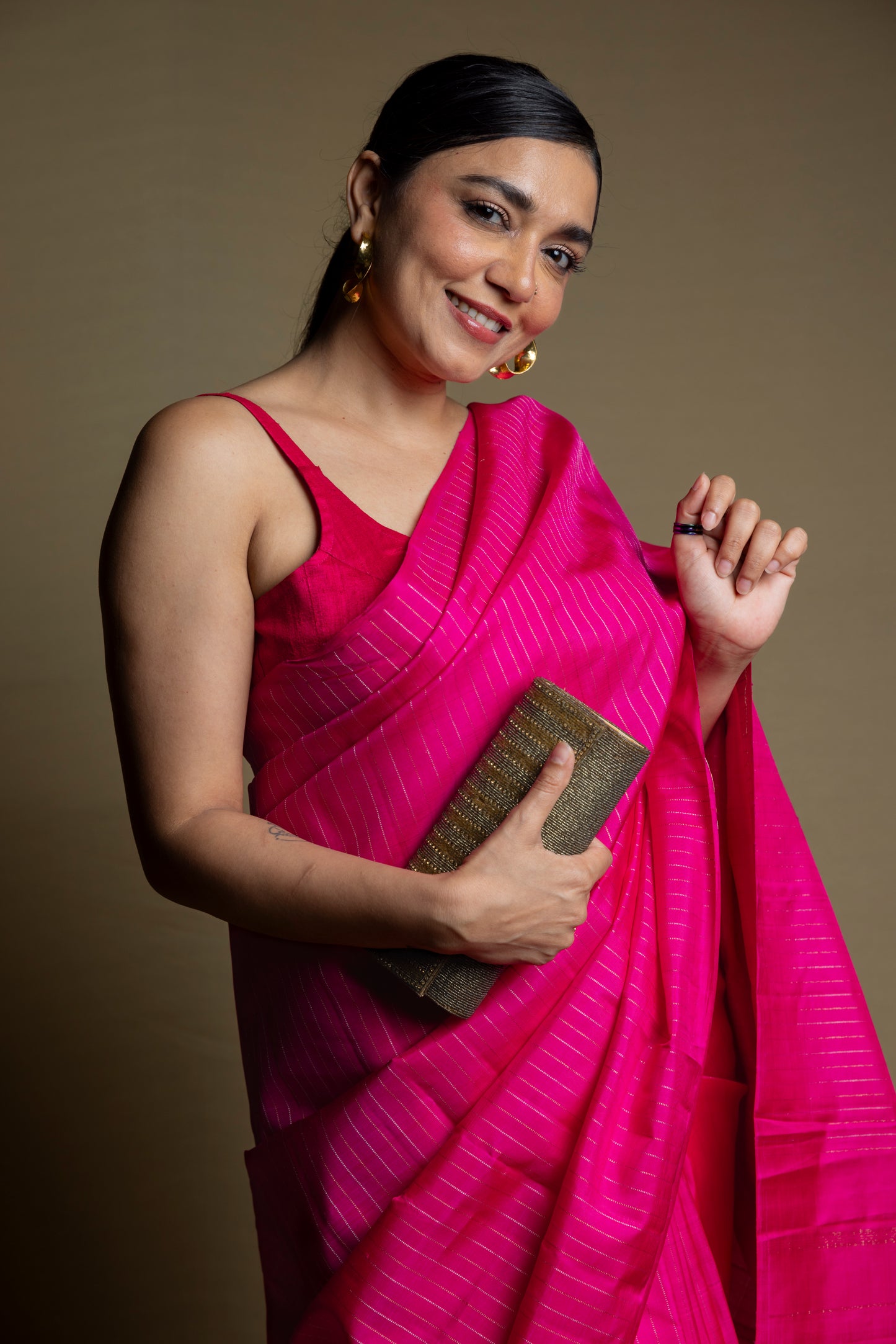 Pink thin pin stripes Kanjivaram Saree