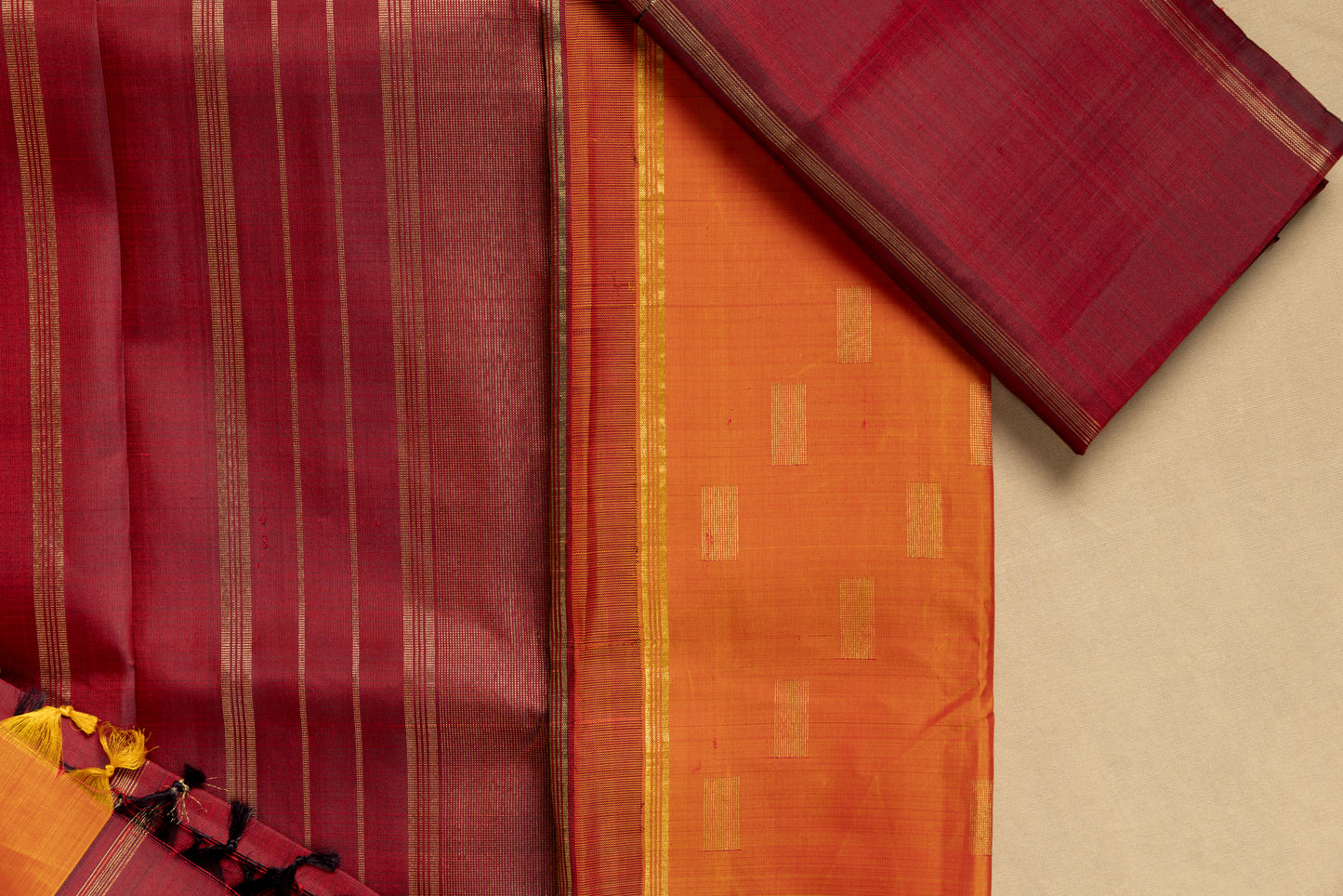 Orange and maroon Kanjivaram saree