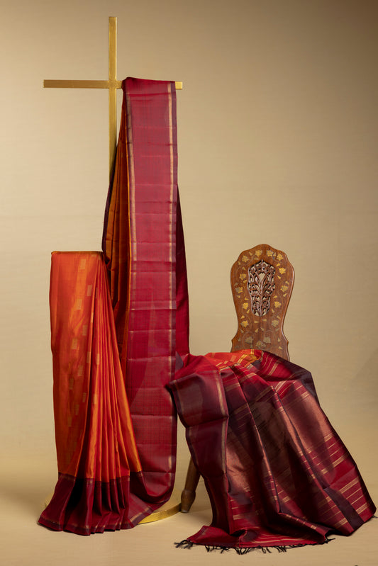 Orange and maroon Kanjivaram saree