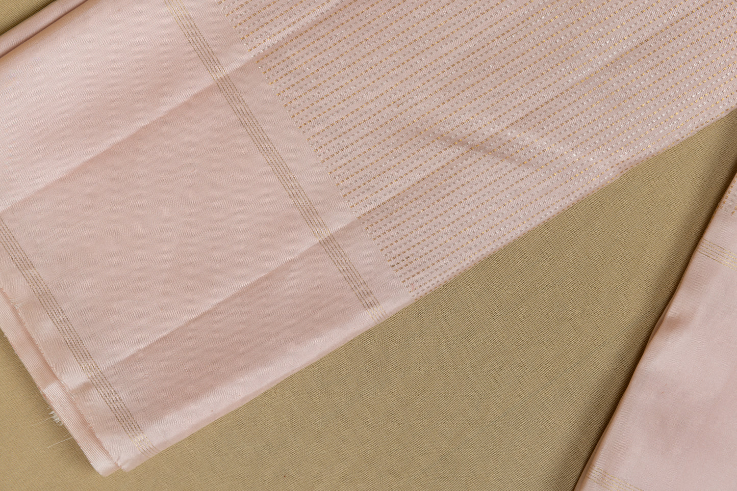 Baby pink Kanjivaram silk saree with light gold pin stripes