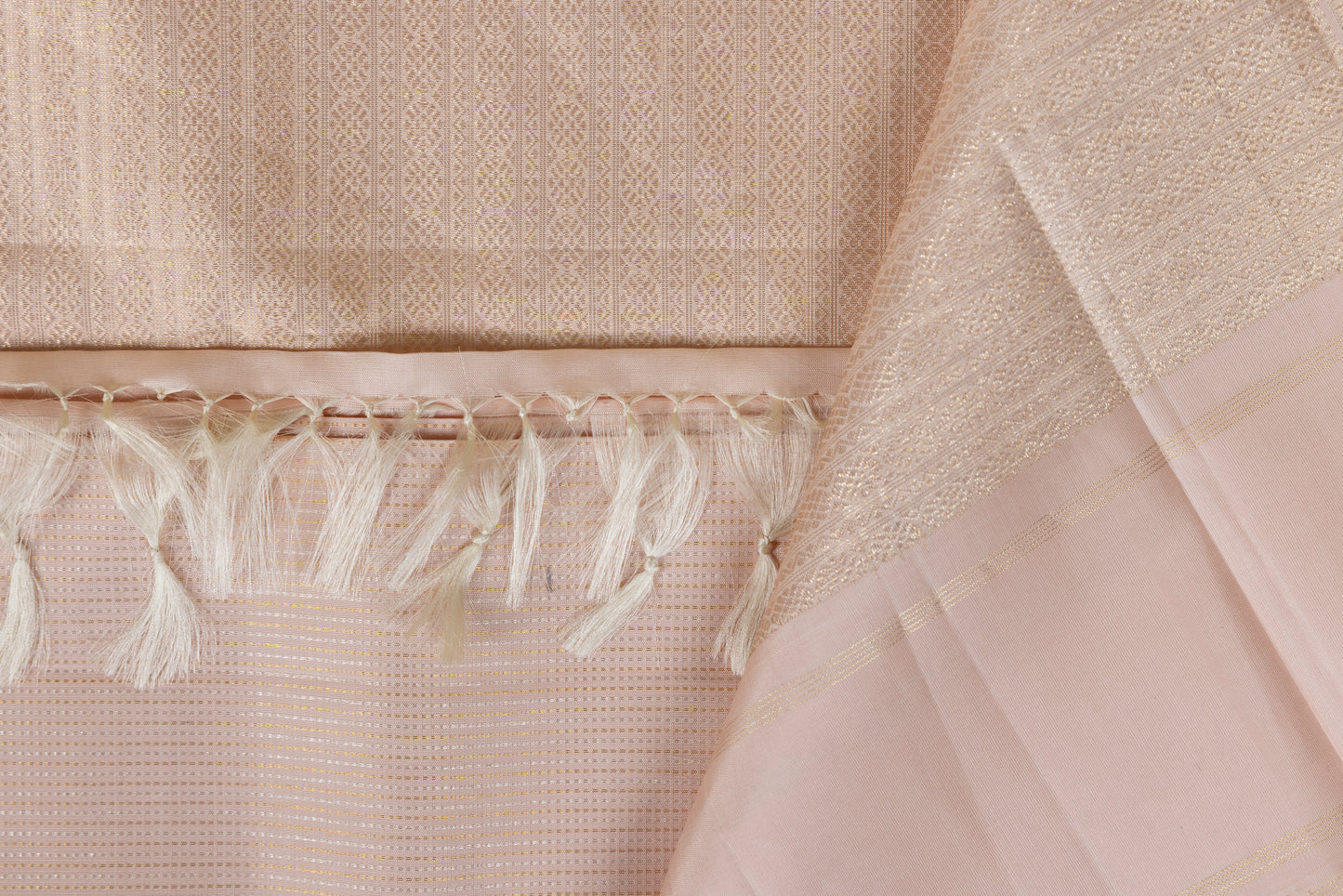 Baby pink Kanjivaram silk saree with light gold pin stripes