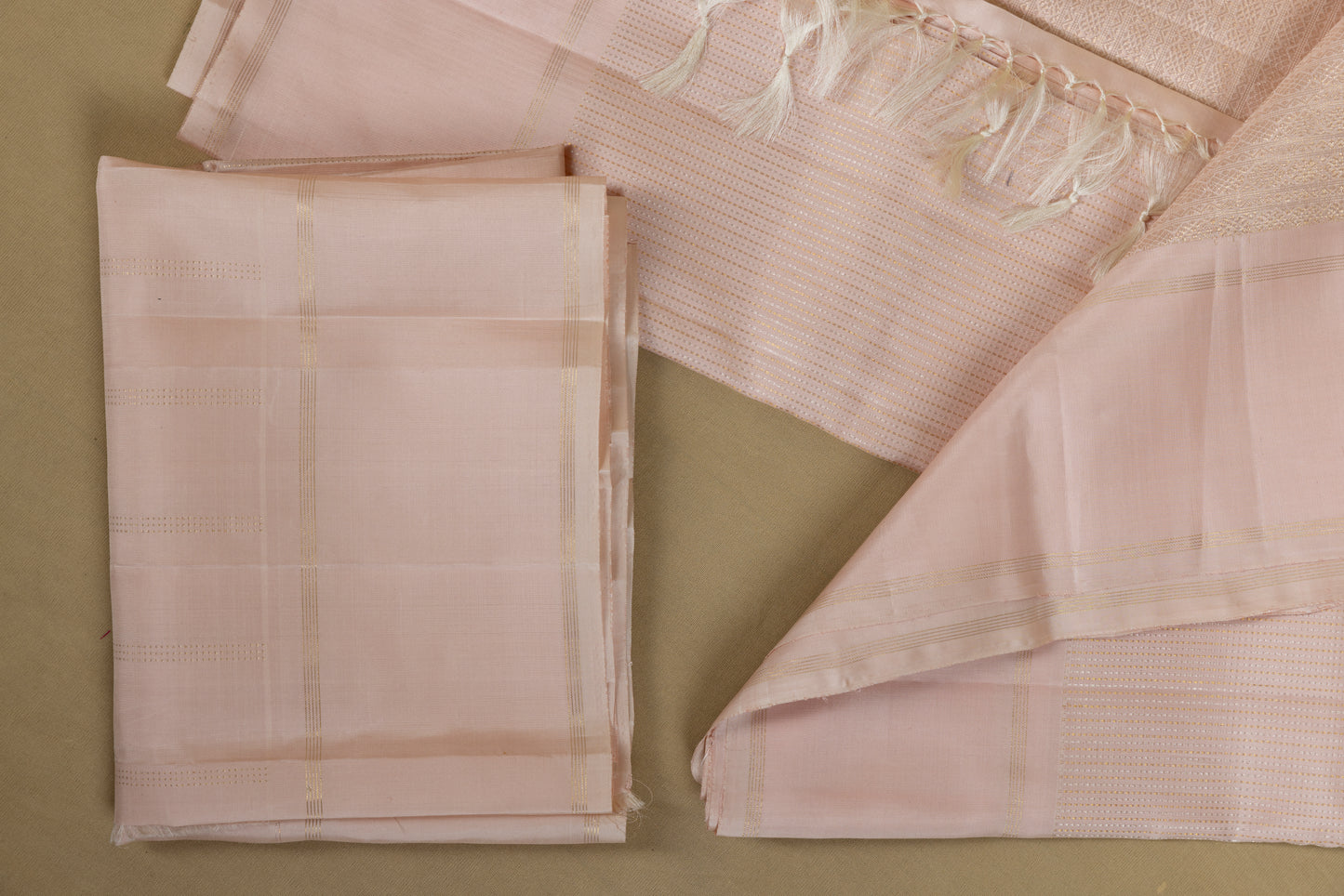 Baby pink Kanjivaram silk saree with light gold pin stripes