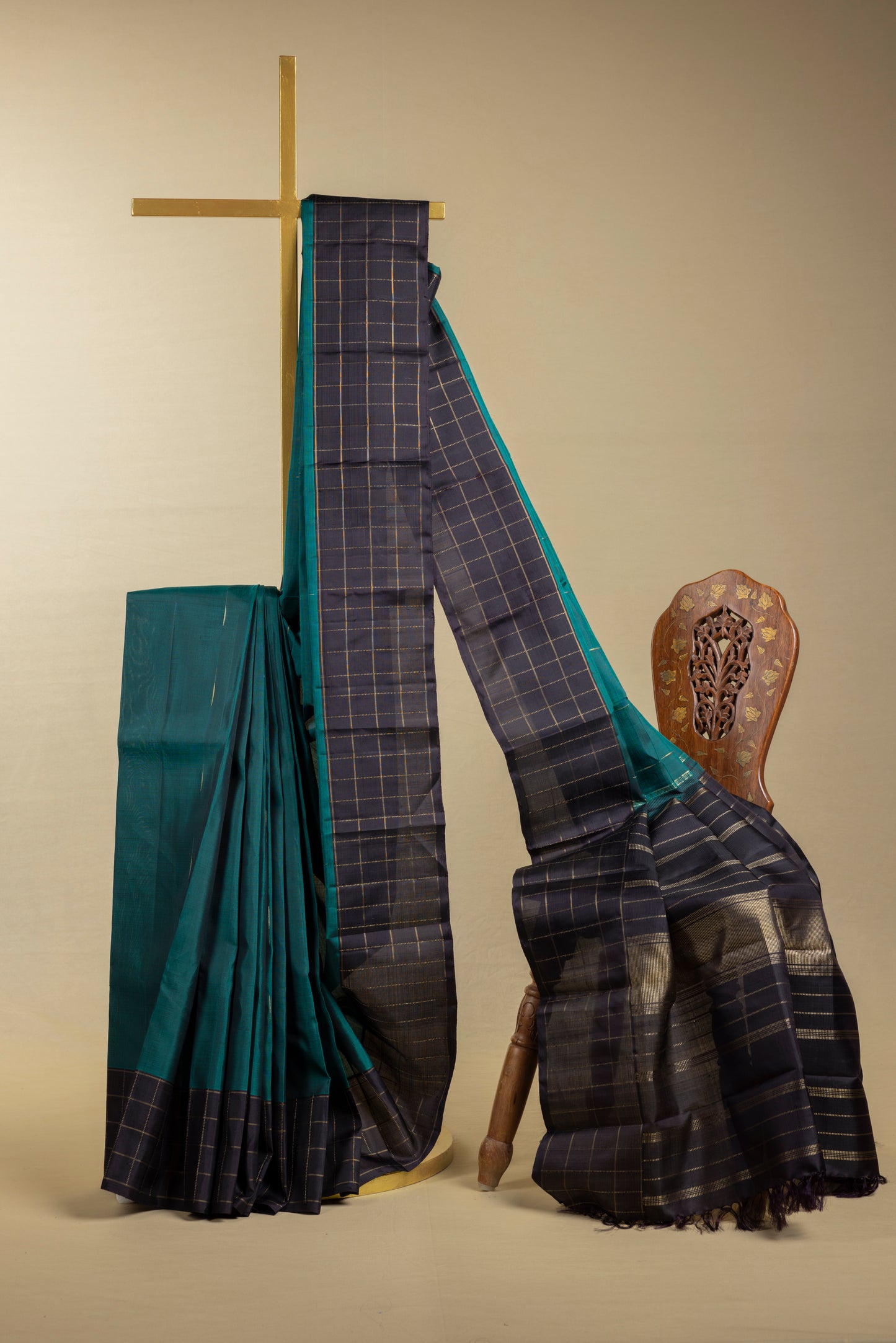 Black and green Kanjivaram saree with gold checks