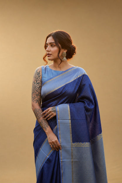Saanjh - Blue Kanjivaram Silk Saree with Gold Zari pin stripes. Light blue and Gold Zari Border and Pallu