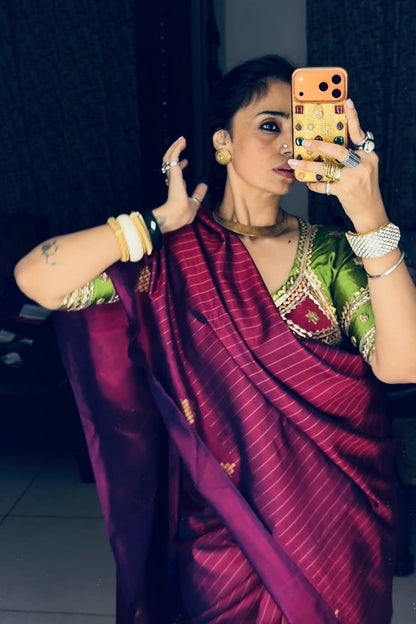 Kolam - Berry Maroon Kanjivaram Silk Saree with Kolam Border- Pre Order Only