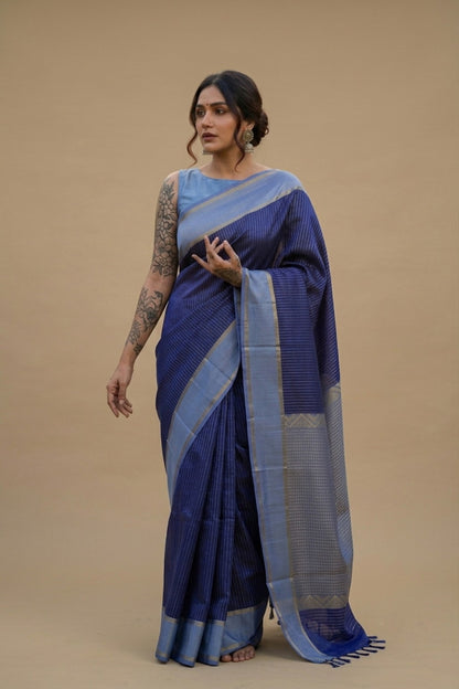 Saanjh - Blue Kanjivaram Silk Saree with Gold Zari pin stripes. Light blue and Gold Zari Border and Pallu