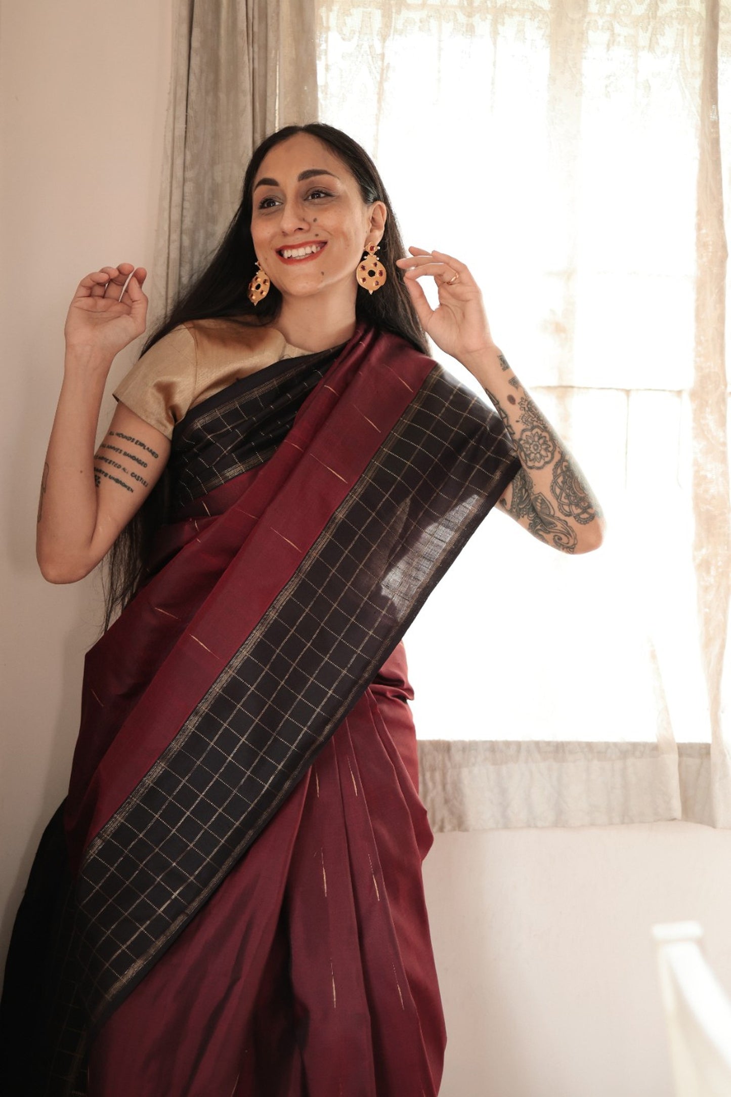 Chauka - Maroon and Black Kanjivaram Silk Saree with Black Gold chequered border and gold pin drop motifs