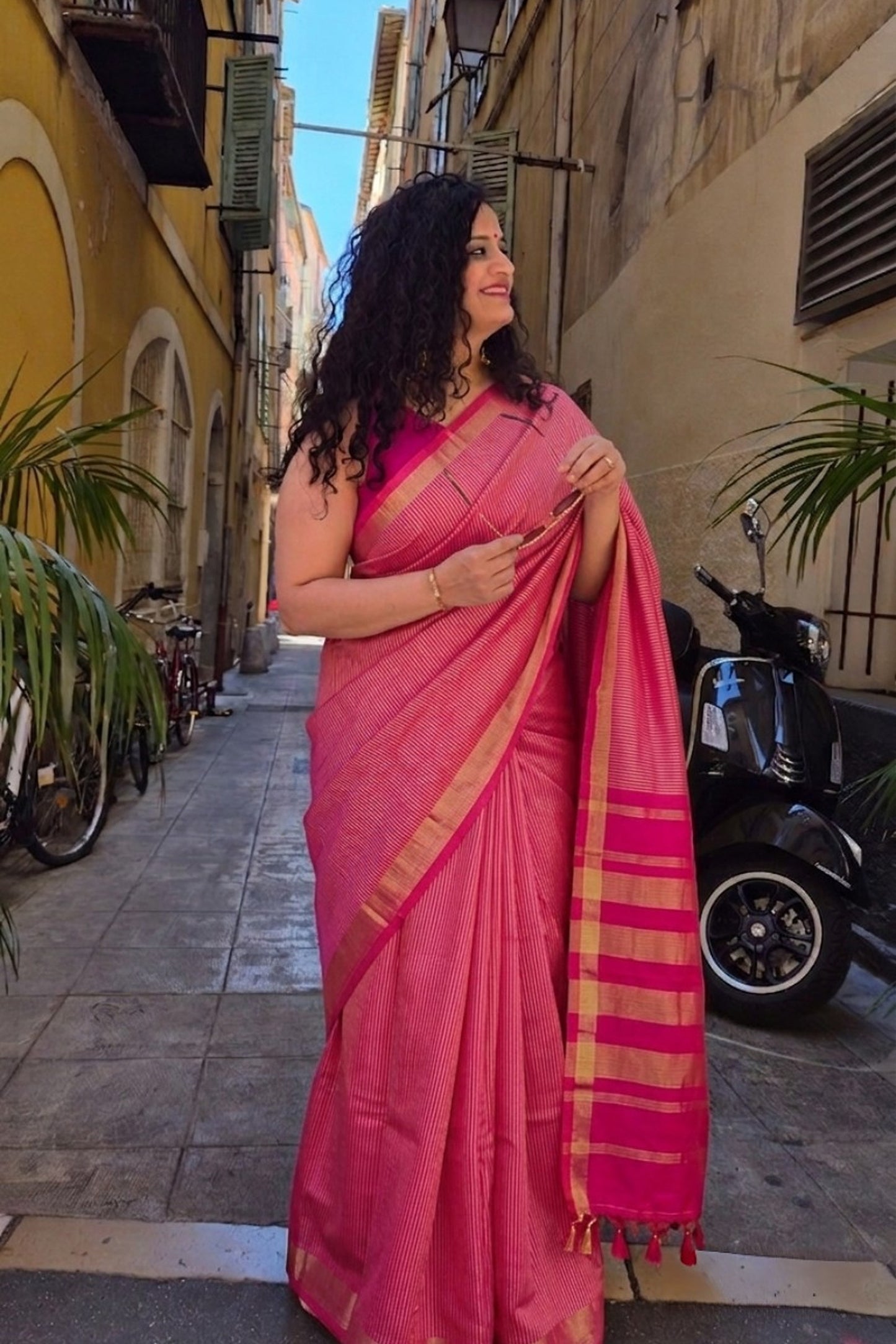 Dwini - Pink Kanjivaram Silk Saree with gold pin stripes and Gold Zari Pallu