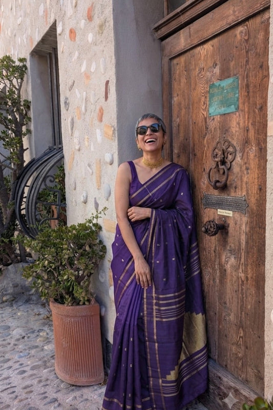 Shikhara – Deep Violet Kanjivaram Silk Saree with Gold Zari Temple Pallu