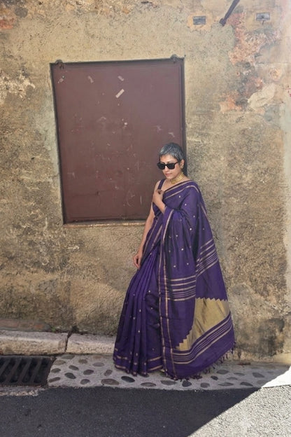 Shikhara – Deep Violet Kanjivaram Silk Saree with Gold Zari Temple Pallu