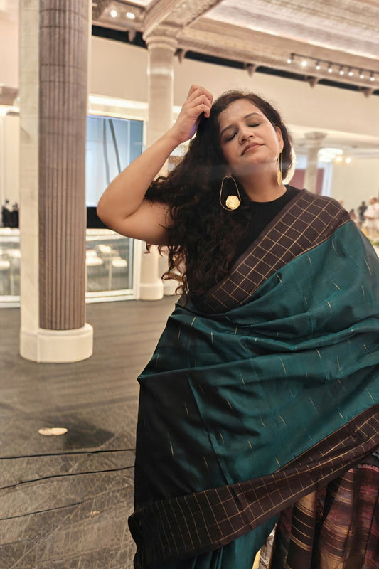 Chaurang - Green Black Kanjivaram Silk Saree. Black and Gold Chequered border. Black and Gold Zari Pallu