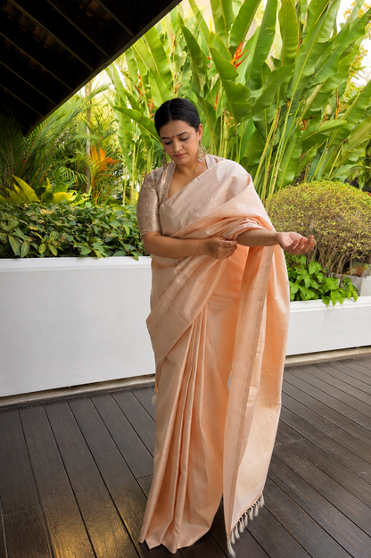 Ruhani - Pastel Pink Kanjivaram Silk Saree with Gold Silver Zari Pin Stripes and Zari Pallu
